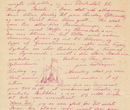 Udsnit af brev fra 19. juni 1891. Brevet omhandler den forestående Forsvarsfest i byen, hvortil Mølsted leverede dekorationer og kulisser. Han har tegnet en lille ­skitse et­­ ­våbentrofæ i form af en­ ­pyramide. Foto: Museum ­Amager. 