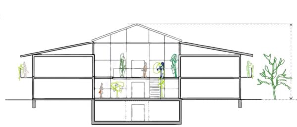 Skitseforslag til bolig med fælles atrium på hver etage og lejligheder til hver side.