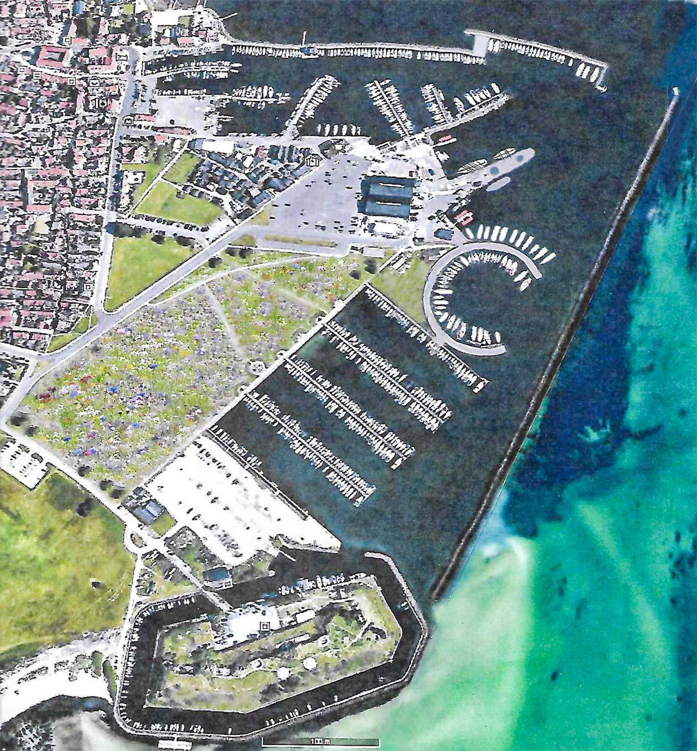 TænkeTankens forslag til fremtidig udformning af Dragør Havn, hvor græsarealet mellem Dragør by og Den Ny Lystbådehavn omdannes til en blomstermark.