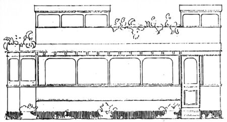 Tegning fra 1934 med skitse af sporvognen, som Uhrenholdt ønskede at opsætte op ad det oprindelige, lille træhus.