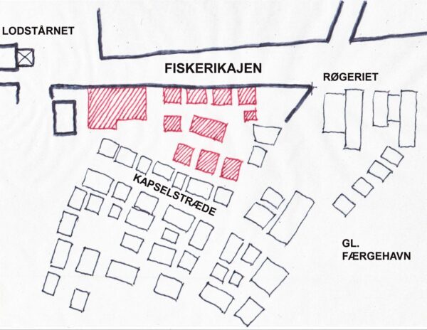 De med rødt markerede bygninger på denne principskitse af en nye skurby på værftsgrunden omfatter foruden et forsamlingshus en række enkelt- og dobbeltskure til maritime aktiviteter. Planen giver også plads til to små torve.