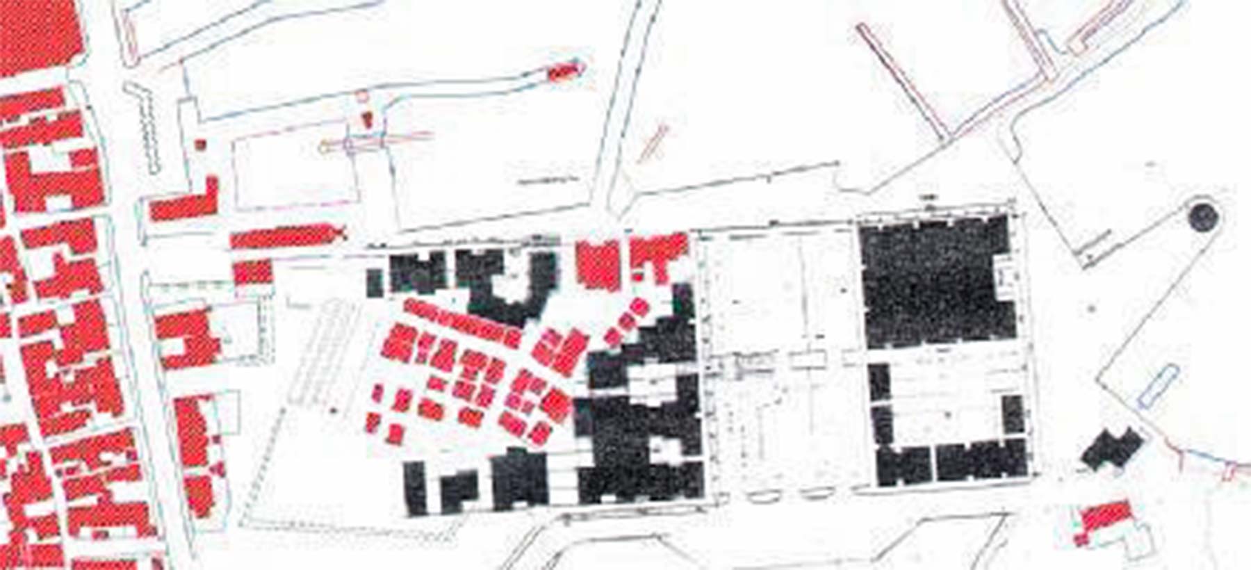 Vejledende bebyggelsesplan, eksisterende bebyggelse er markeret med rødt.