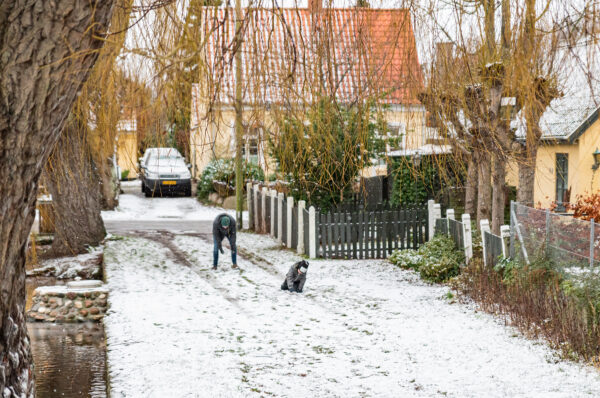 Sne i Store Magleby giver mulighed for en rask sneboldkamp. Foto: Thomas Mose.