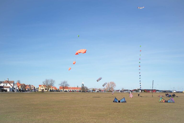 Weekendens flotte vejr blev brugt til at lufte drager på græsarealet ved havnen. Foto: TorbenStender.