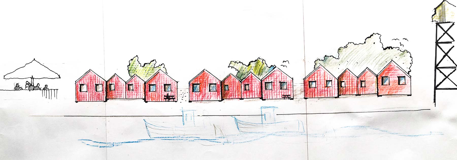 Skitse 2: Forslag med hævede huse.