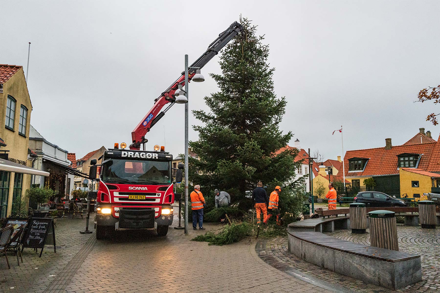 Det store juletræ på Neels Torv ankommer mandag morgen. Det tændes lørdag den 26. november. Foto: TorbenStender.