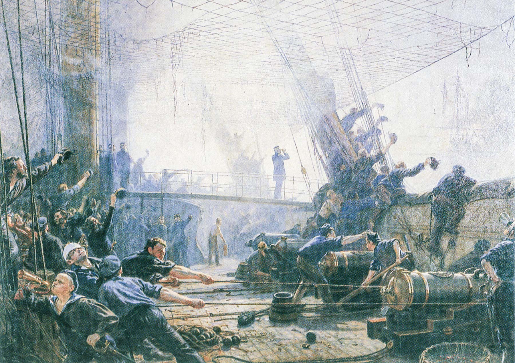 Maleriet med titlen »Ombord på fregatten »Niels Juel« under slaget ved Helgoland 9. maj 1864.« Museum Amager.