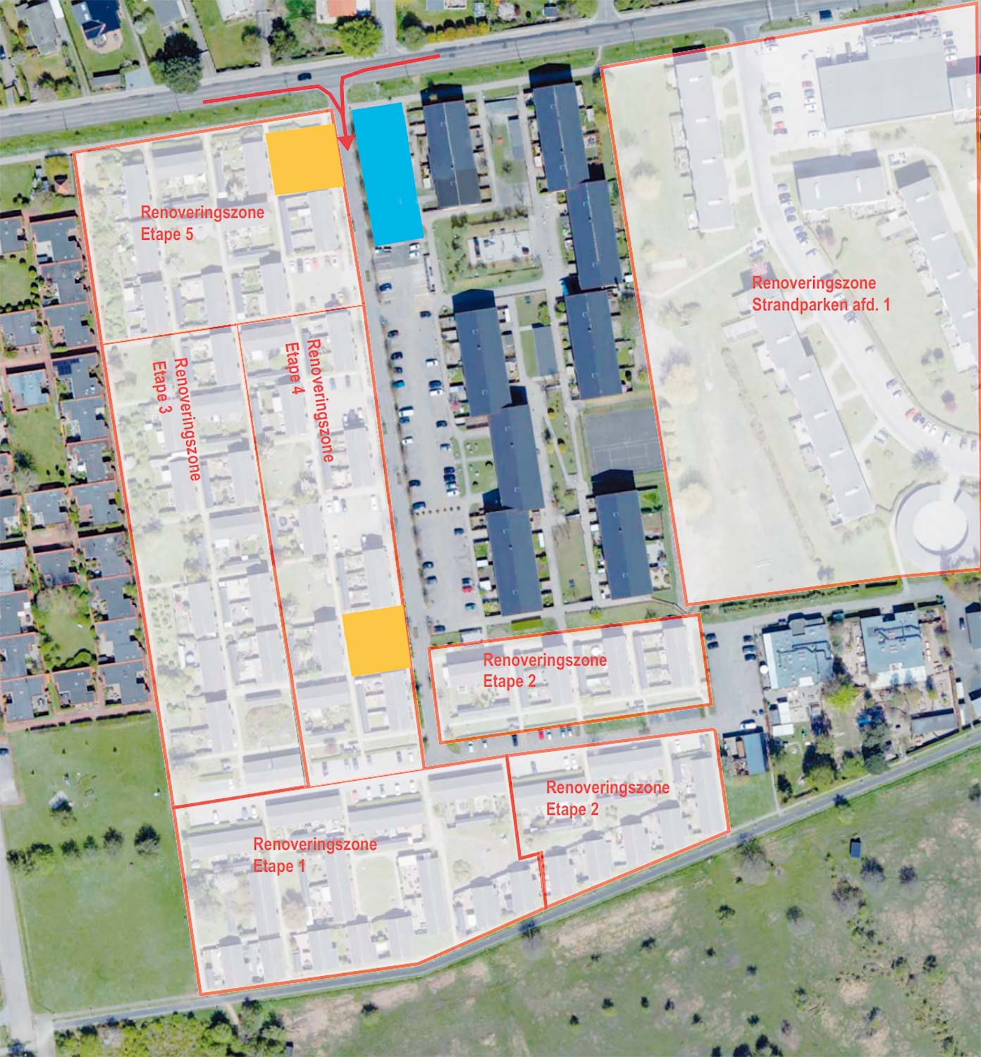 Det orange område er byggepladser, og det blå område er materialegård. Områderne med rød markering er renoveringszoner.