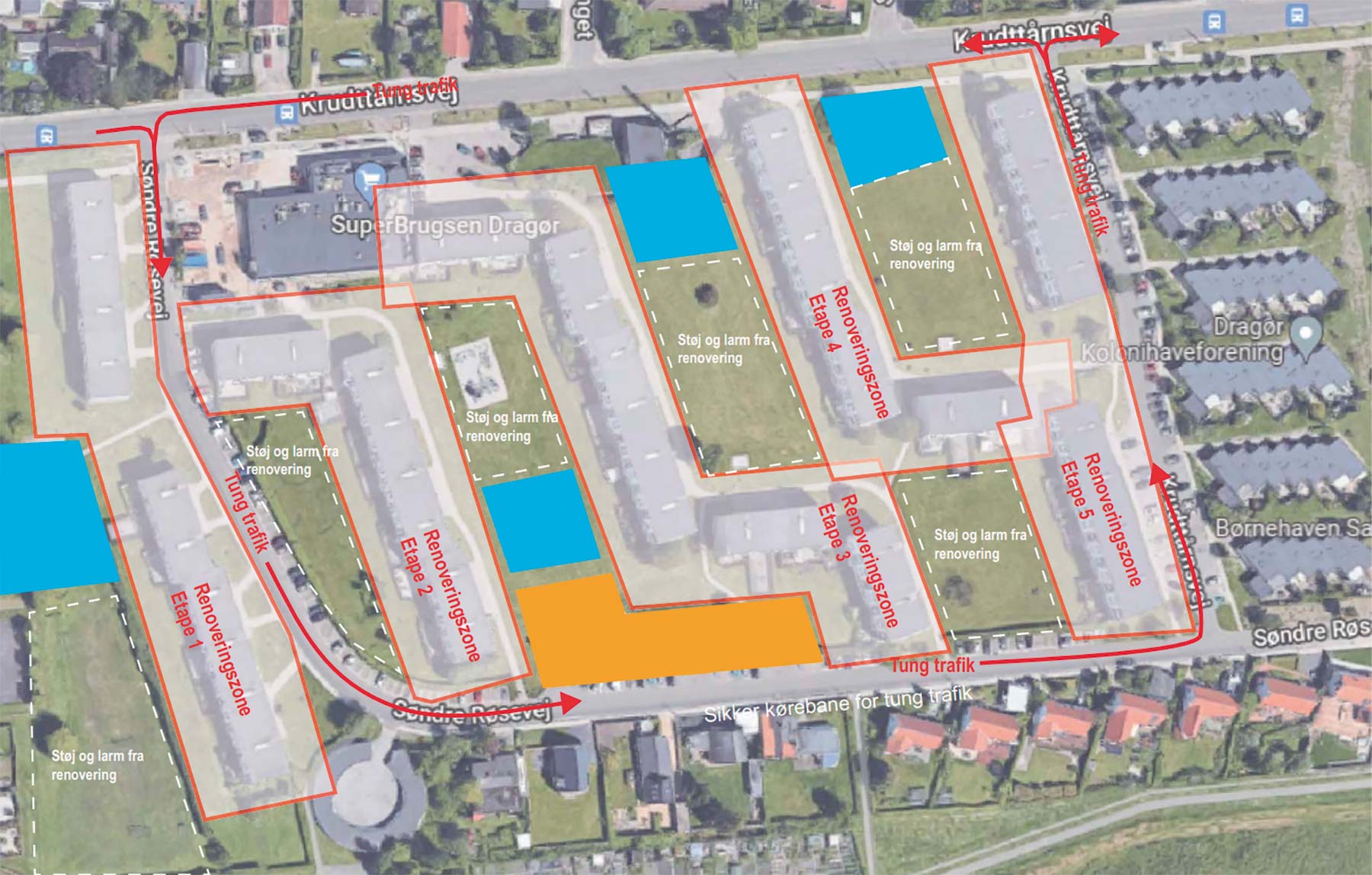 Det orange område er byggepladser og det blå område er materialegård. De grønne områder med hvid stiplet markering er hvor Strandparken mener der er for meget støj og larm under renoveringne. Områderne med rød markering er renoveringszonerne.