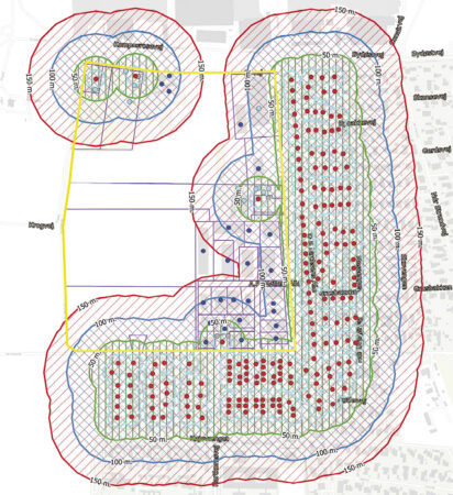 Illustration 2: Afstandskrav til boliger. Lyseblå er 20 m, grøn er 50 m, blå er 100 m og rød er 150 m. Foto: Dragør Kommune.