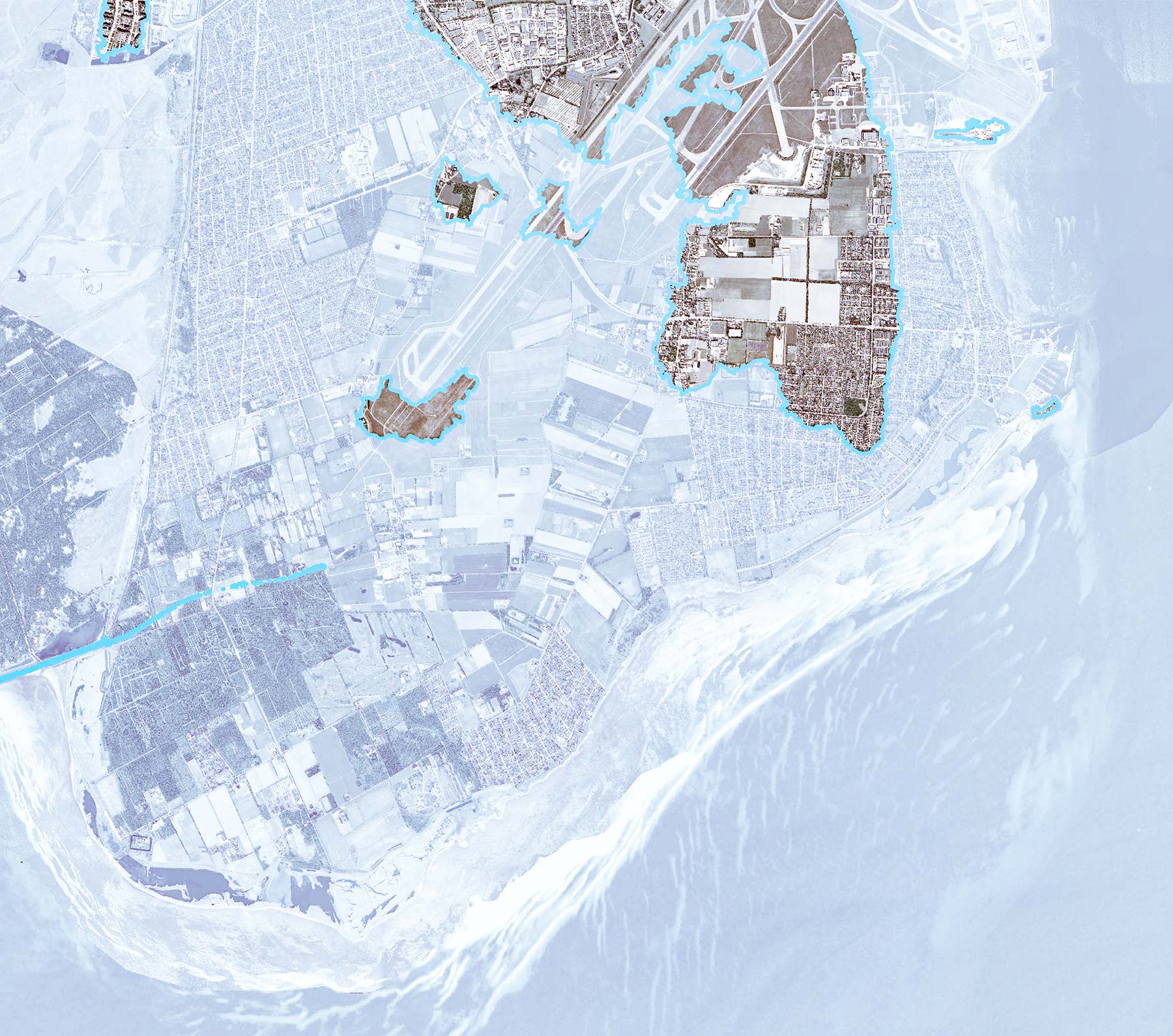 Ved beregning af den værst tænkelige stormflod i 2075 vil størstedelen af Dragør Kommune stå under vand. Illustration: KDI og Rambøll.