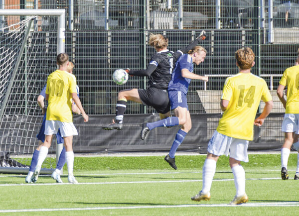 DB-keeper Mads Glæsner underløbes i forsøg på af få kontrol over bolden – men dommerens fløjte er tavs. Foto: Henrik Rosschou.